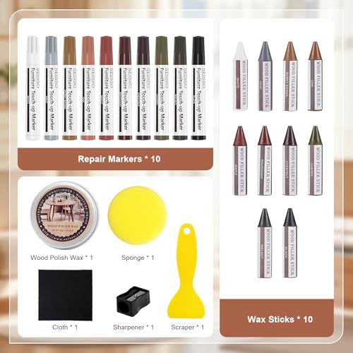 Image of SEISSO Wood Furniture Repair Kit, New Improved 10 Colors Touch Up Markers and Crayons with Polish Wax, Covering Damaged Wooden Surfaces and Floors, Scratches, Stains, Cracks and Dents(25 PCs)