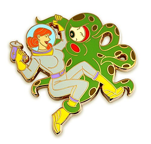 Pinsanity Retro Sci-Fi Space Woman vs Alien Monster Enamel Lapel Pin