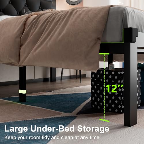 Image of Feonase Twin Size Metal Bed Frame with Faux Leather Button Tufted Headboard, Heavy-Duty Platform Bed Frame with 12 inch Storage, Steel Slats Support, No Box Spring Needed, Noise Free, Matte Black