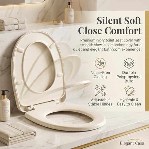 Image of Elegant Casa Polypropylene Soft Close Toilet Seat Cover Ivory | Western Commode Lid | Adjustable Hinges | Hygienic Bathroom Accessory, Easy Installation (42x34 CM 2156-Ivory)