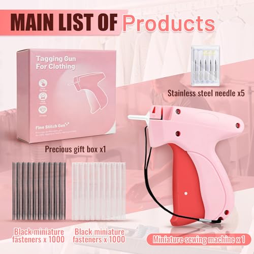 Image of Stitch Gun for Clothes - Handheld Stitch Gun Quick Clothing Fixer - Tagging Gun for Clothing, Sewing Kit-Includes 6 Needle, 1000 Black Fasteners & 1000 White Fasteners (Pink Red)