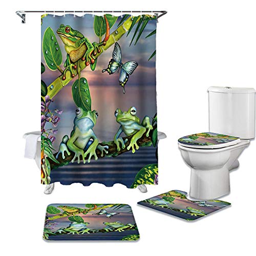 Zgdpbyf 4-Piece Shower Curtain Set Cartoon Animals Green Leaf Branch Frog Waterproof Shower Curtains Bathroom Decor Bathroom Set With Shower Curtain- 4-Piece_Set #TOP13