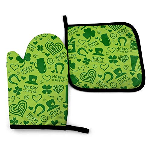 Funny Oven Mitt and Pot Holders Set Green Shamrock Hat Happy St Pattys Day Heat Resistant Kitchen Microwave Gloves Flame Oven Mitt Set Grilling Gadgets to Protect Hands and Surfaces for Men Women