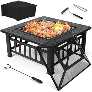 TLSUNNY Feuerschale mit Grillrost 81cm, 3 in 1 Feuerstelle mit Funkenschutz, Feuerkorb mit Regenplane, Feuerschalen Quadratisch Außenterrasse mit 4 pcs Bein, für Garten, Terrasse, Camping, Lag... Grill