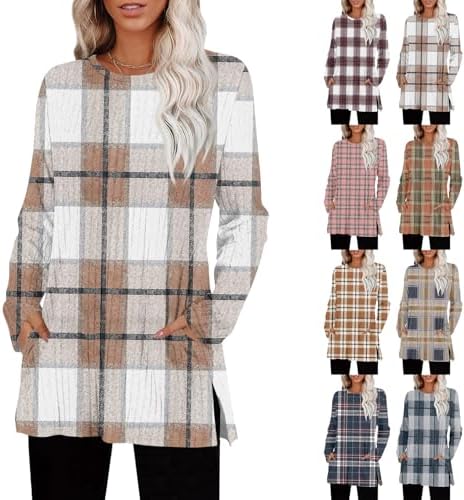 Long Sleeve Plaid Shirts for Women Dressy Casual Tunic Y2k Tops Lightweight Crewneck Sweatshirt Cute Womens Plaid Shirt