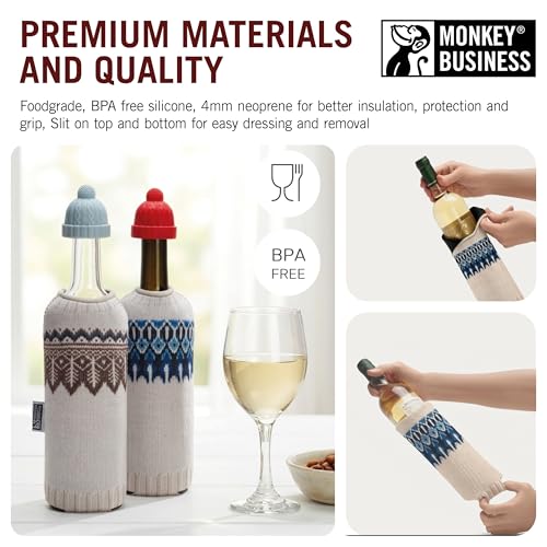 Image of Monkey Business Wine Knits Bottle Stopper and Sleeve Set - 4 Piece Silicone and Neoprene Insulated Wine Accessories Pack for Temperature Control and Freshness, Winter Knit Themed Dining Gift Set