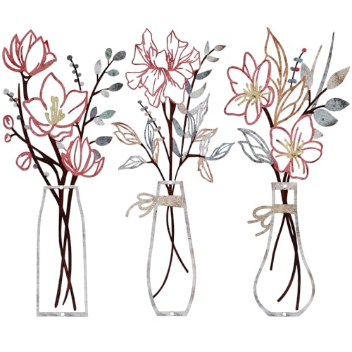 3 Pieces Metal Flowers Wall Arts Decor Minimalist Flower Wall Decors for Home Bedroom Dining Room Housewarming Pink