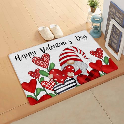 Valentine's Gnomes White Kitchen Bath Door Mat Cushioned Runner Rug,Washable Welcome Floor Sink Antifatigue Mat,Waterproof & Non-Slip Comfort Standing Doormat,Watercolor Red Love Heart 18
