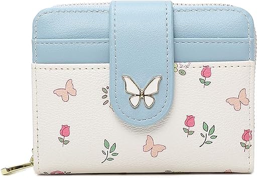 Ladies Purse, Cute Butterfly Snap Purses for Women, Compact PU Leather Wallets with Front Pocket Bifold Card Holder Wallet with Zipper Coin Pocket 5 Slots 1 ID Window Blue