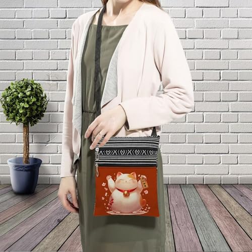 Fortune Cat Messenger Bag Small Ethnic Pattern Printed Adjustable Strap Crossbody Zipper Bag Fortune Cat Phone Bag Wallet Cute Shoulder Handbag for Women -33