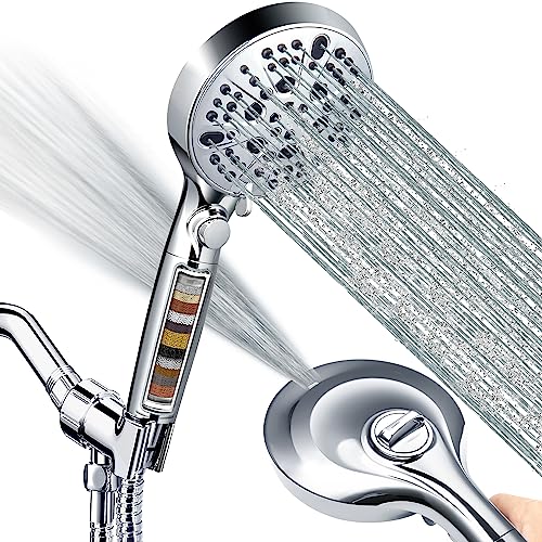 Filtered Shower Head with Handheld, 10-Mode High Pressure Water Flow and 15 Layer Filters for Hard Water, Handheld Shower Head with 70“ Long Hose, Showerhead with ON/OFF Switch for Pets Bath (Chrome)