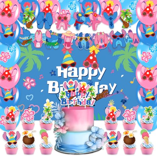 42Pcs Cartoon Themed Party Supplies Includes Banner Cake Topper Cupcake Toppers and Balloons Blackdrop for Cartoon Baby Shower Birthday Party Decorations