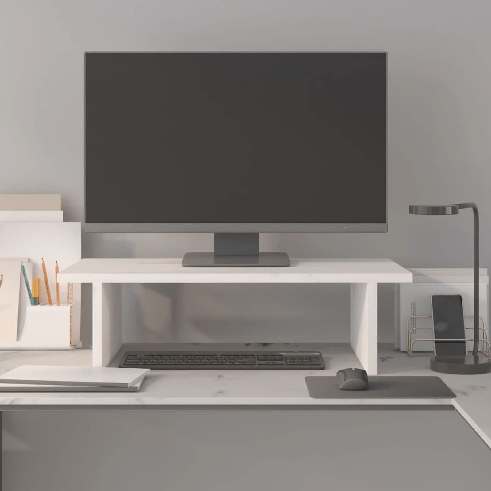 Homgoday Supporto per monitor bianco 50 x 27 x 15 cm in legno massello di pino, supporto da scrivania per monitor e laptop