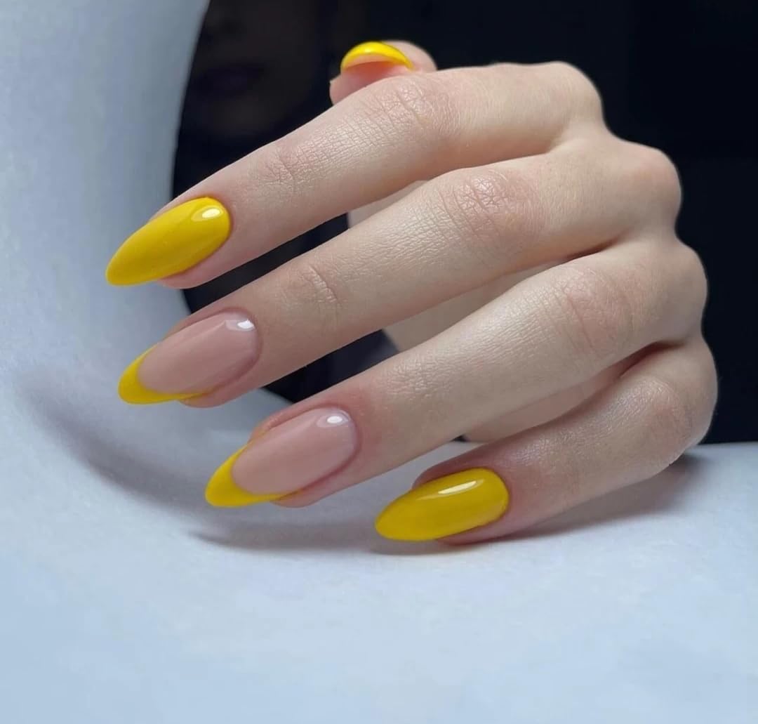 Artificial Nails: Glossy Yellow With French/Shape Almond (Set of 20 with nail glue, nail file, cuticle pusher, cleaning wipe)-picture-32