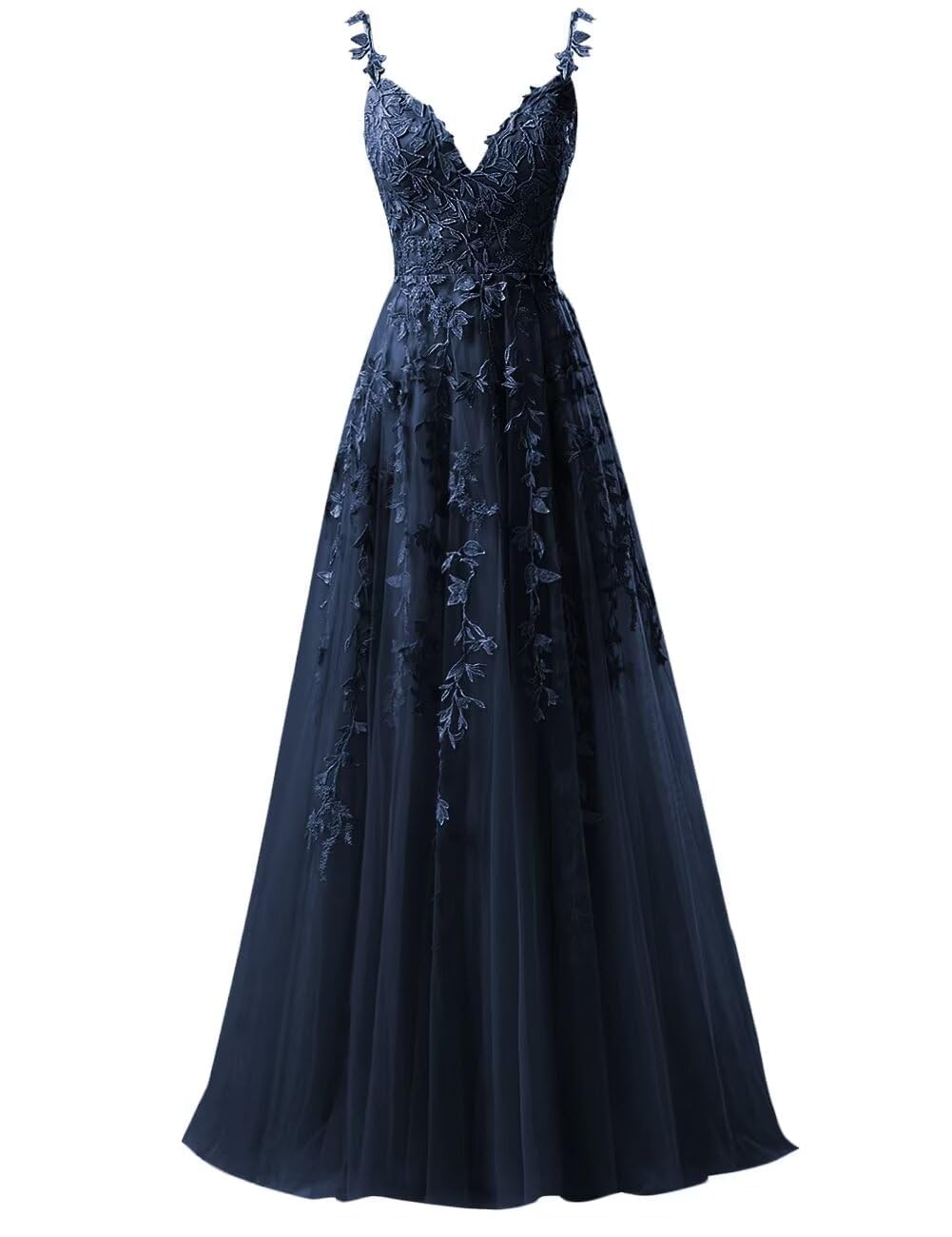 KURFACE Navy Blue Tulle Prom Dresses for Women with Lace Applique V Neck Corset Elegant Formal Dress Evening Gown UK22