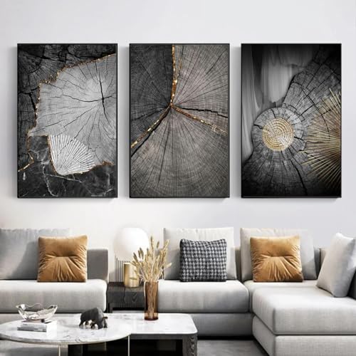 Toile texturée abstraite dorée et noire 70x100cm, lot de 3 cadres pour salon contemporain
