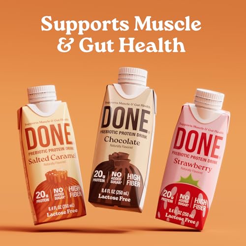 Image of Done Prebiotic Protein Shake, Salted Caramel, 20g Protein, 8.4oz, 8 Pack | 20g Whey Protein, High Fiber, Prebiotic, Lactose & Gluten Free, No Added Sugar, Ready-to-Drink Shake, 8-Pack