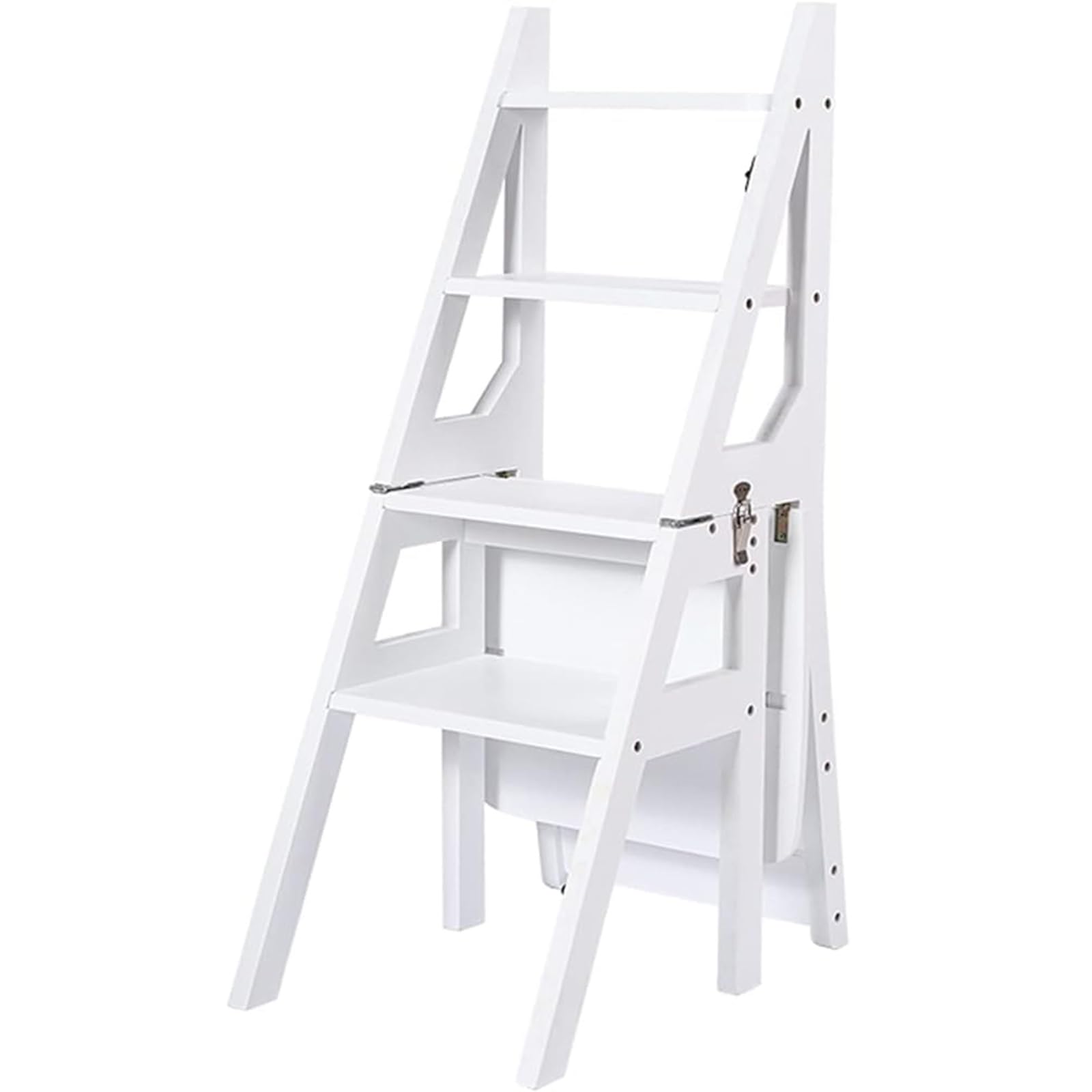 Taburete Plegable de Madera Convertible - Escalera de 4 peldaños para Cocina, baño, Oficina en casa, Exteriores, Armario, Biblioteca - Estante versátil Blanco para exhibición y FLO