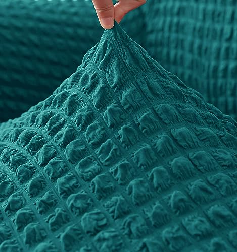 Image of House of Quirk Turkish Bubble Frill Five Seater 3 + 1 + 1 Sofa Slipcovers 280 GSM, Durable Washable Universal Triple Seater High Elastic Furniture Protector (Teal)
