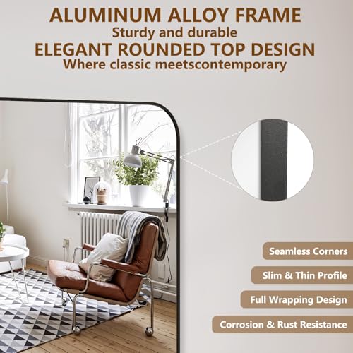 Image of Koonmi Full Length Mirror, 78 inchx35 inch Mirror Full Length with Stand, Black Domed Top Square-Edged Floor Mirror with Aluminum Alloy Frame for Bedroom Living Room