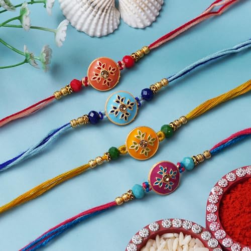 Image of eCraftIndia Set of 4 Designer Rakhi for Brother with Best Bro Ever Fridge Magnet & Cute Sibling Showpiece | Premium Beaded Rakhi Set with Roli Chawal | Raksha Bandhan Gift Combo