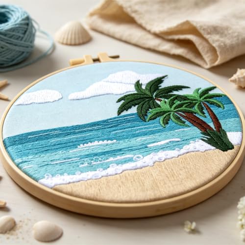 Image of Beach Embroidery Kits for Beginners Adults, Coastal Hand Embroidery Set Needlepoint Kits, Sea Sunrise Stamped Cross Stitch Kits for Beginner Adults, 3 Embroidery Hoop, Fabric (Attached Video Tutorial)