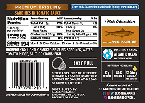 Image of Season Brisling Sardines in Tomato Sauce Wild Caught, 3.75 Oz Tins, 6-Pack | 17g of Protein, Keto Snacks, More Omega 3's Than Tuna, Kosher, High in Calcium, Canned Sardines, One Layer
