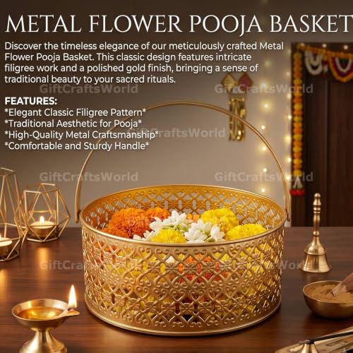 Image of Multipurpose Metal Basket For Gift Hamper, Pooja Temple Storage With Sturdy Handle, Decorative Flower Organizer & Versatile Puja Utility Accessories Home Decoration (Round Double Jali)