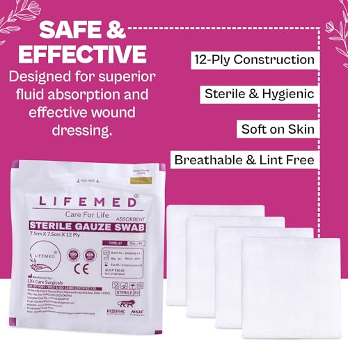 Image of LIFEMED Absorbent Sterile Gauze Swabs 7.5 X 7.5 Cm, 12 Ply, 4 Pcs /pack, 10 Packs (40 Dressings), Highly Absorbent Wound Dressing Pads for First Aid, Surgical Procedures, Clinics & Hospitals