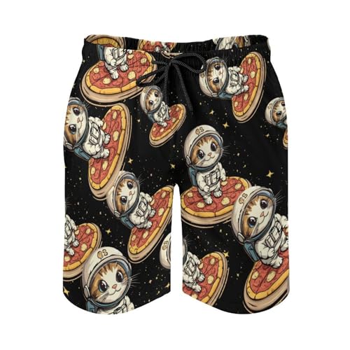 Funny Cat Flying A Pizza Astronaut Men's Swim Trunks Quick Dry Board Shorts Hawaiian Beach Shorts With Pocket3