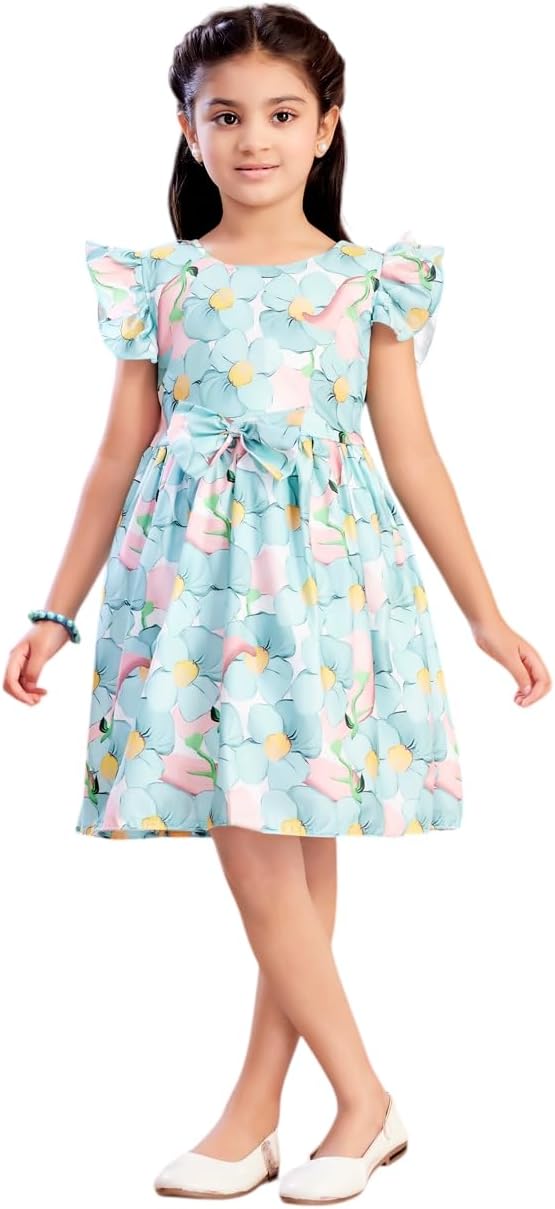 Girls Casual Wear Sea Green Colour Floral Print Cotton Blend Frock