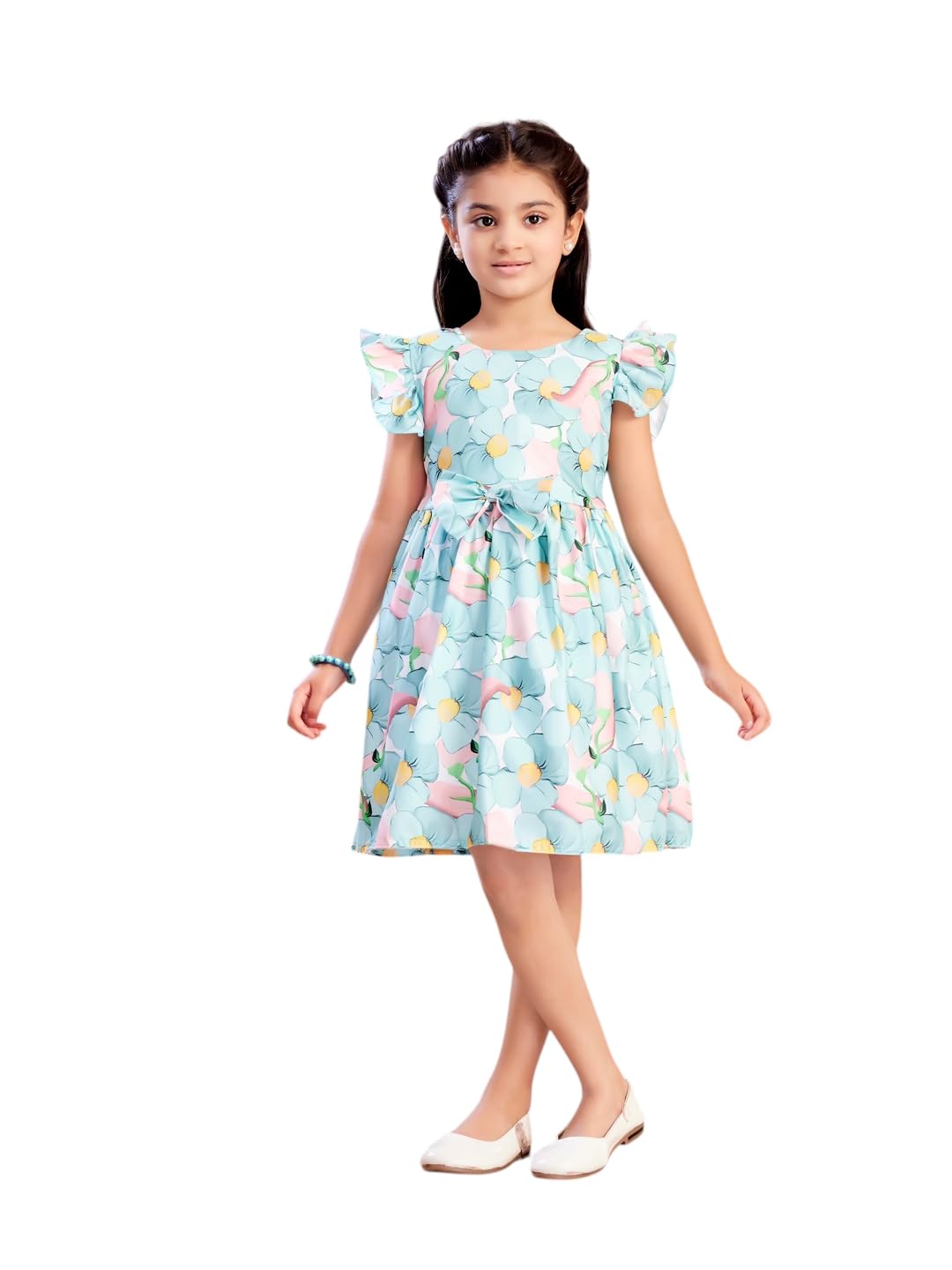 Girls Casual Wear Sea Green Colour Floral Print Cotton Blend Frock