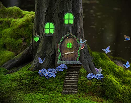 SONSIL Resin Miniature Fairy Gnome Home Windows and Welcome Door with Fairy Lantern,Glow in Dark Art Sculpture for Trees Outdoor Indoor Garden Yard Wall Decorations