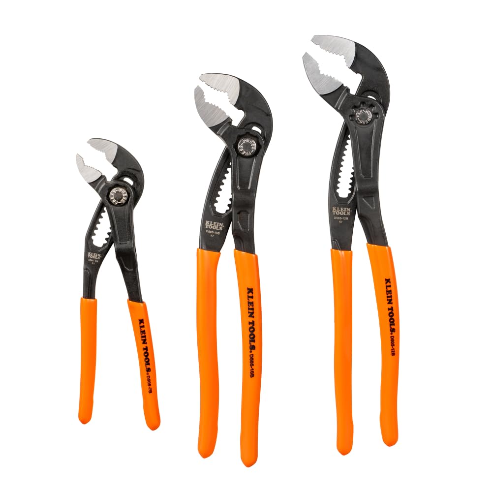 Klein Tools D5053BKIT 3-Piece Quick-Adjust Klaw Pump Pliers Set, 7-Inch, 10-Inch, and 12-Inch, Compact Design with V-Jaw and Hardened Teeth for Maximum Torque