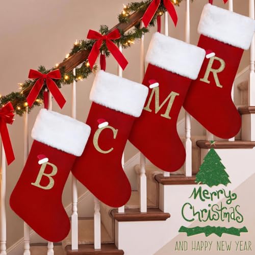 Avidlove 18 Inches Monogram Christmas Stockings Velvet Xmas Decorations | White Plush Cuff Embroidered, Family Stockings Set, Mantel Decor, Red and White Stockings, Kids Christmas Gifts, Xmas Bag - image 2