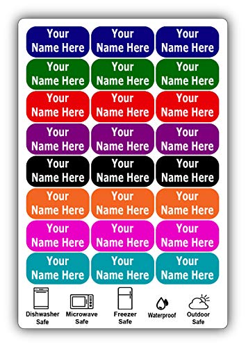 24 Large Personalized Waterproof Name Labels. Press and Stick Multi use  Custom Name Labels. Customized 2 Lines of Text and Color. ID Identification  ...