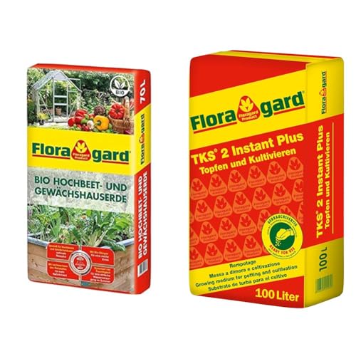 Floragard Bio Hochbeet- und Gewächshauserde, 70 liters, Braun & TKS 2 1 x 100 L - Universalerde für Gemüsepflanzen - Geheimtipp für Chilipflanzen - auch für Grünpflanzen