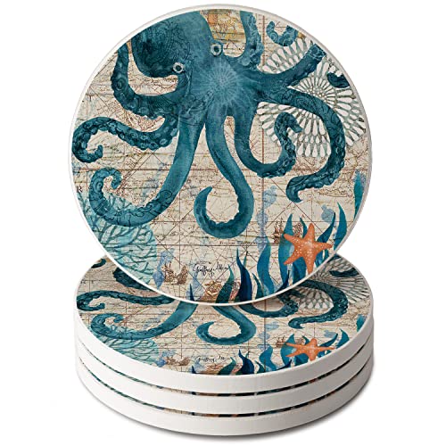 Monterey Bay Octopus 4-Pack Round Absorbent Stone Coasters with Protective Cork Backing Manufactured in The USA