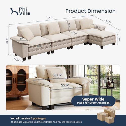 Image of PHI VILLA Cloud Modular Couch Sets, 157.5 inch Oversized Sectional Sofa with L-Shaped Chaise, 5-Seater Upholstered Couches with Movable Ottoman for Living Room, Chenille Beige