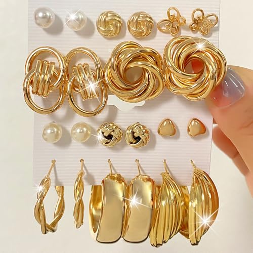 11pairs/Set Gold Earrings Set for Women, Fashion Pearl & Heart Decor Earrings, Multipack Hoop Earring Packs, Everyday Earrings for Women Birthday Party