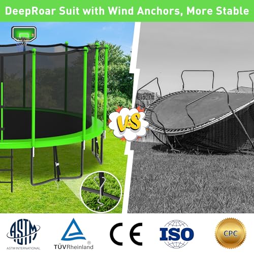 DeepRoar Tranpoline for Kids and Adults, 1500LBS 16FT 15FT 14FT 12FT 10FT 8FT Tranpoline with Basketball Hoop, Safety Enclosure Net, Heavy Duty Tranpoline with Light, Sprinkler, Socks, ASTM Approved