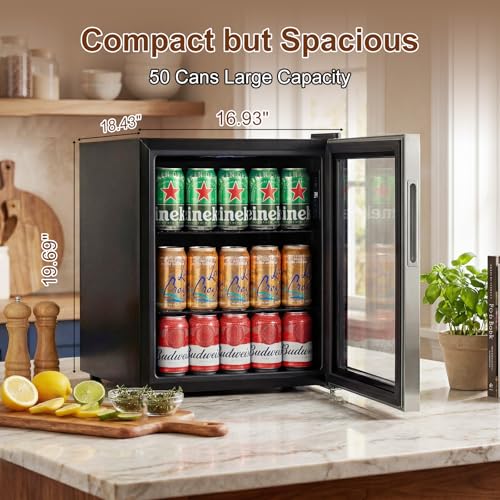 Image of Mini Fridge 50 Can, Small Beverage Refrigerator with Reversible Glass Door, Countertop Drink Cooler with Temperature Control, Compact Beer Soda Fridge for Office Dorm Kitchen, Stainless Steel
