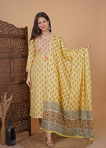 Image of MEERA FAB Women's Cotton Printed Green Printed Straight Embroidery Kurta with Palazzo & Dupatta Set