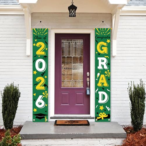 Image of Graduation Porch Banner Class Sign Congrats Grad Hanging Flags High School College University Party Decoration For Front Door Outdoor Green Gold
