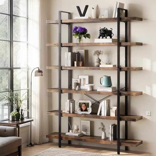 VKUCI 6 Tier Book Shelf, 47'' Wide Wood Industrial Bookshelf,
