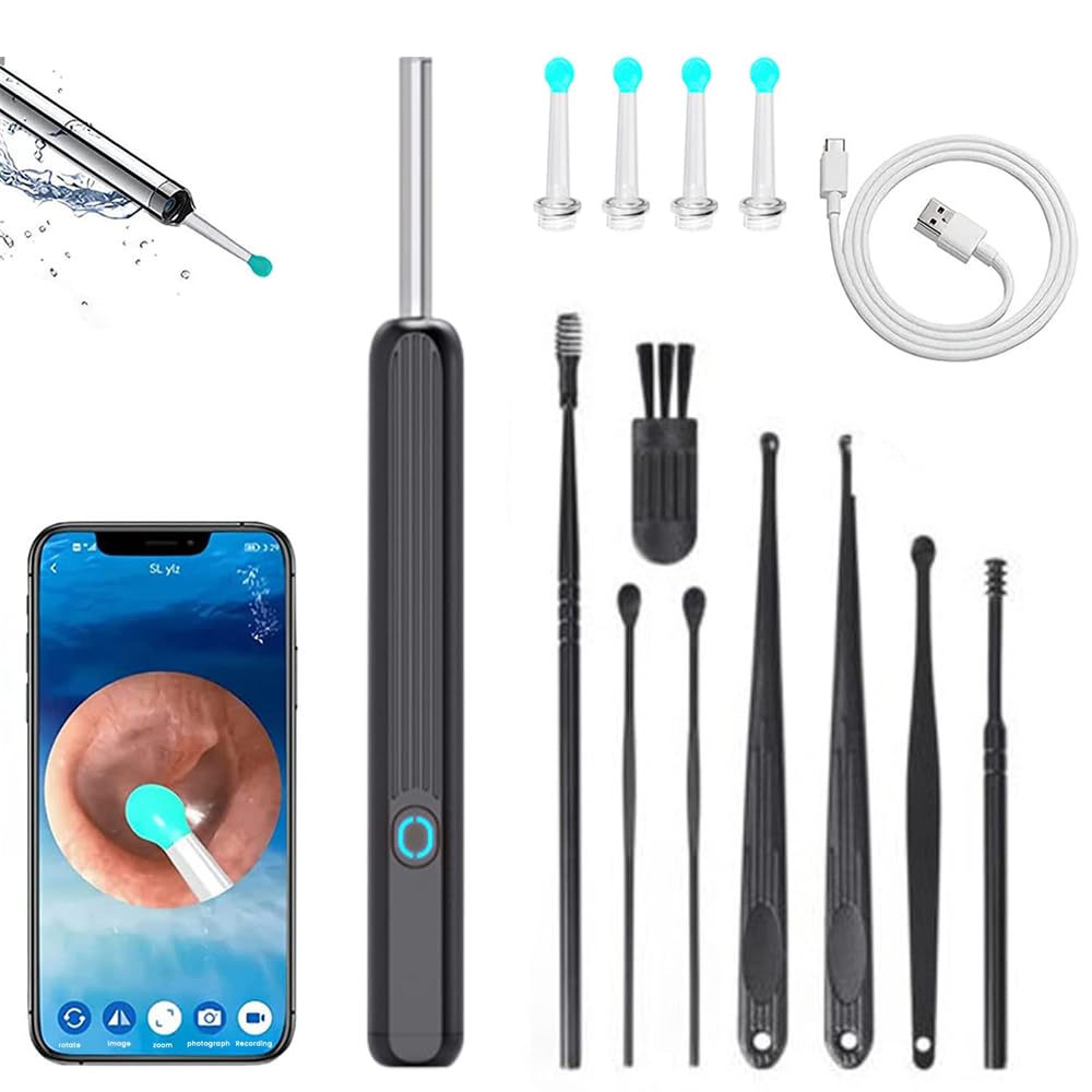 Ear Wax Removal, Earwax Remover Tool with 8 Pcs Ear Set, Wi-Fi Visible Wax Elimination Spoon, Earwax Removal Kit with Light- Ear Cleaner for iOS & Android (Black)