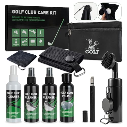 Golf Club Cleaning Kit, 8-In-1 Club Care Set With Cleaner, Brush, Groove Sharpener, Grip Cleaner, Polish, Magnetic Towel, Ball Towel &Amp; Portable Bag - Restores Shine, Removes Rust, Renews Grip