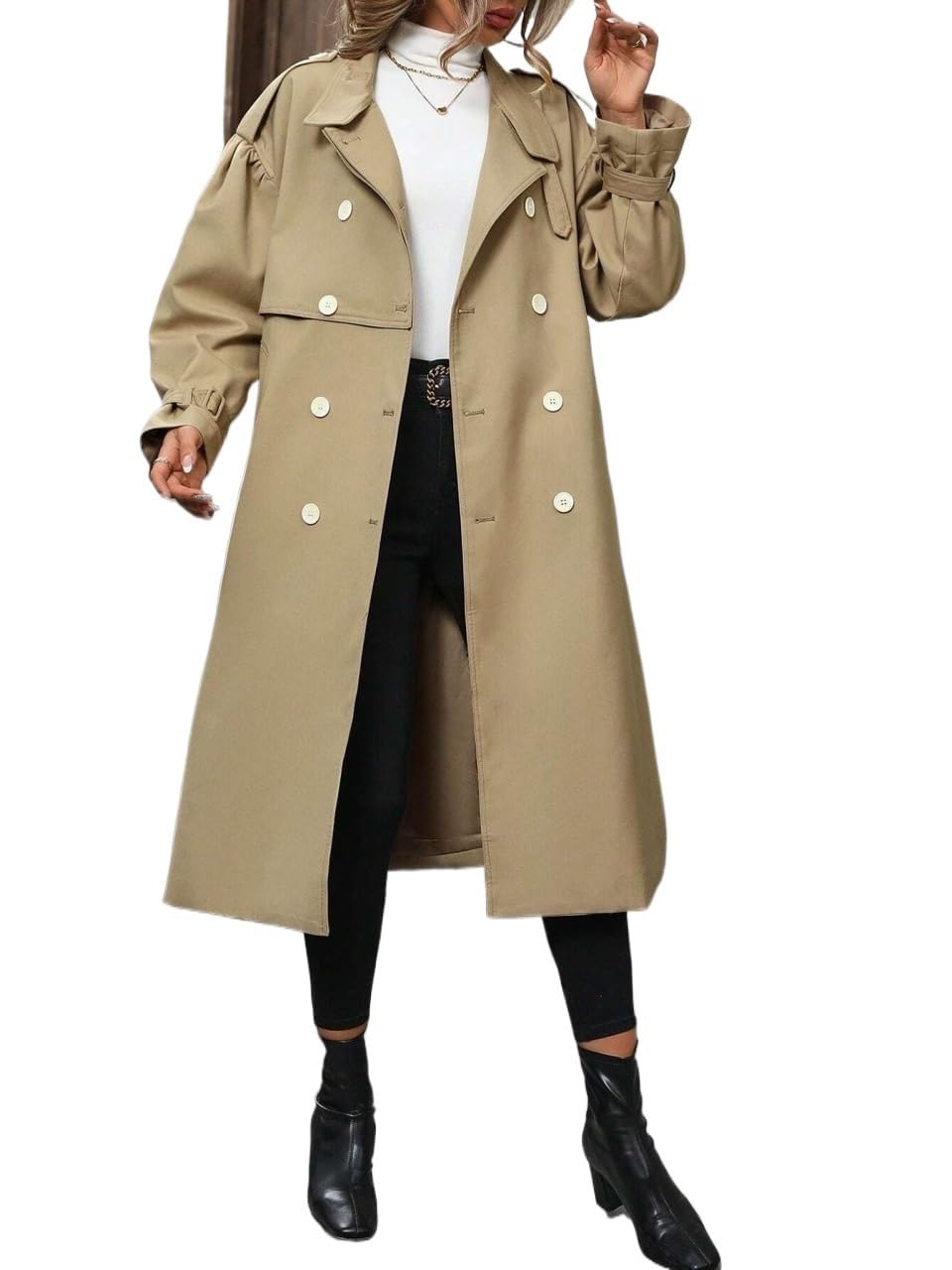 Double Breasted Belted Trench Coat Long Length Womens Classic Lapel Slim Overcoat