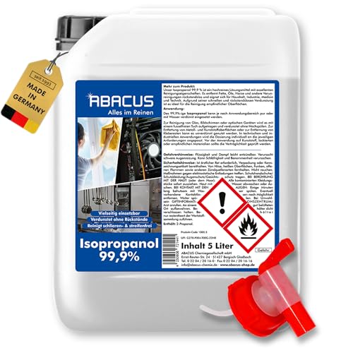 ABACUS Isopropanol 99 9% | 5L | Isopropylalkohol 99 9% | Reinigungsalkohol für Haushalt Industrie Elektronik & Kosmetik | Entfettet & reinigt rückstandslos | nicht leitend