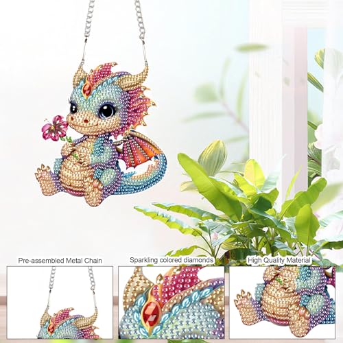 Image of Cute Dragon Diamond Art Kits for Adults Hanging Sign, Special Shaped Diamond Painting Pendant Suncatcher, DIY 5D Crystal Rhinestone Dragon Diamond Art Ornament for Wall Door Window Home Decoration